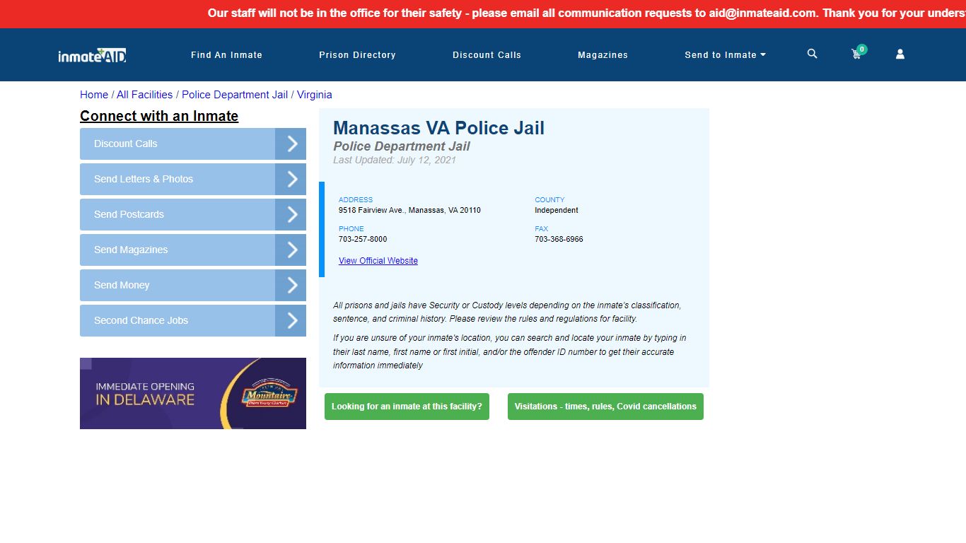 Manassas VA Police Jail & Inmate Search - Manassas, VA