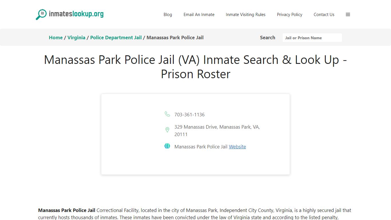 Manassas Park Police Jail (VA) Inmate Search & Look Up - Prison Roster