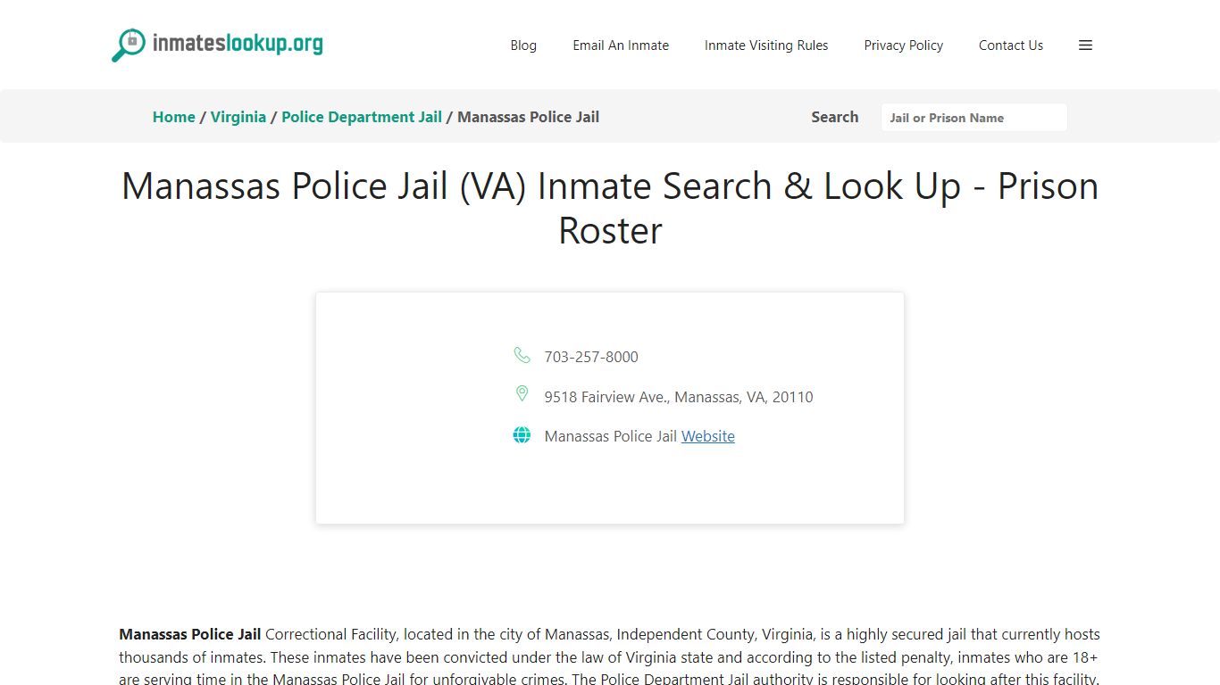 Manassas Police Jail (VA) Inmate Search & Look Up - Prison Roster